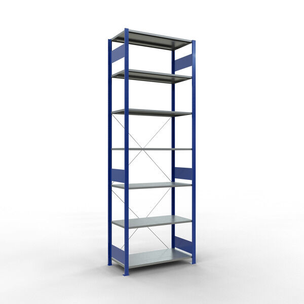 Grundregal, Fachbodenregal Stecksystem MULTIplus85, 3000 x 1000 x 500 mm (HxBxT), 7 Fachböden, Kreuzstrebe, RAL 5010 enzianblau