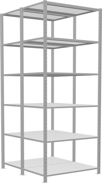 Grundregal, Doppelregal, Fachbodenregal Stecksysem MULTIplus150, 2500 x 1000 x (2x600) mm (HxBxT), 2x6 Fachböden, Längenriegel, RAL 7035 lichtgrau
