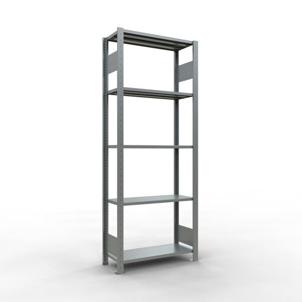 Grundregal, Fachbodenregal Stecksystem MULTIplus150, 2000 x 750 x 300 mm (HxBxT), 5 Fachböden, Längenriegel, verzinkt