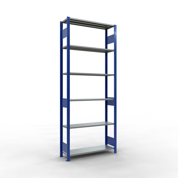 Grundregal, Fachbodenregal Stecksystem MULTIplus85, 2500 x 1000 x 300 mm (HxBxT), 6 Fachböden, Längenriegel, RAL 5010 enzianblau