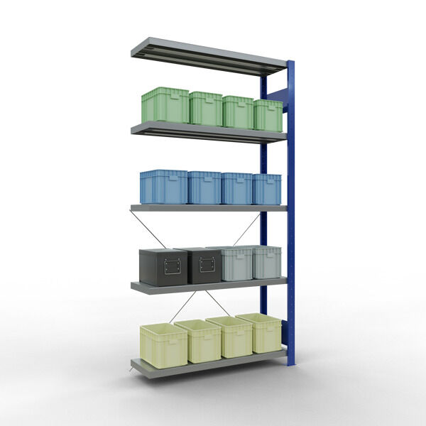 Anbauregal, Fachbodenregal Stecksystem MULTIplus250, 2000 x 1000 x 300 mm (HxBxT), 5 Fachböden, Kreuzstrebe, RAL 5010 enzianblau/verzinkt