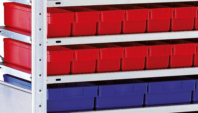 AR, Kleinteileregal-Set 2 MULTIplus150, 2000 x 1000 x 600 mm, verzinkt, 16 Fachböden, 70 Regalkästen 83x93x500 mm rot, 40 Regalkästen 83x186x600 mm blau