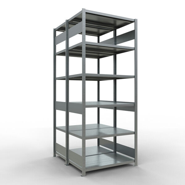Grundregal, Doppelregal, Fachbodenregal Stecksysem MULTIplus250, 2500 x 1000 x (2x600) mm (HxBxT), 2x6 Fachböden, Längenriegel, verzinkt