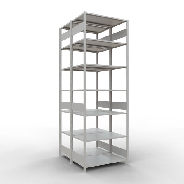 Grundregal, Doppelregal, Fachbodenregal Stecksysem MULTIplus150, 3000 x 1000 x (2x600) mm (HxBxT), 2x7 Fachböden, Längenriegel, RAL 7035 lichtgrau