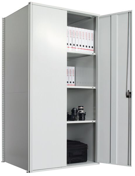 Flügeltürschrank, Grundregal 2000 x 1000 x 800 mm, RAL 7035 lichtgrau/verzinkt, 5 MULTIplus150-Fachböden, Seitenwände, Rückwand, 1 Stück Flügeltür inkl. 3-Punkt-Verriegelung