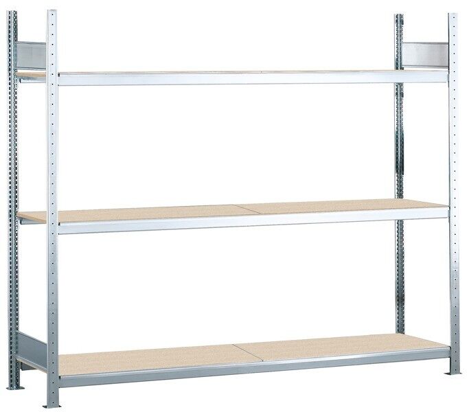 Grundregal, Weitspannregal WS 2000 mit Spanplatten, 2000 x 2000 x 500 mm (HxBxT), verzinkt, 3 Ebenen, Fachlast 400 kg, Feldlast 1.200 kg