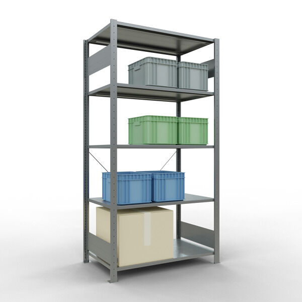 Grundregal, Fachbodenregal Stecksystem MULTIplus150, 2000 x 1000 x 600 mm (HxBxT), 5 Fachböden, Kreuzstrebe, verzinkt