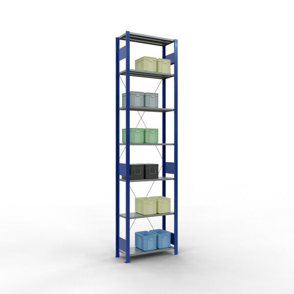 Grundregal, Fachbodenregal Stecksystem MULTIplus150, 3000 x 750 x 300 mm (HxBxT), 7 Fachböden, Kreuzstrebe, RAL 5010 enzianblau/verzinkt/verzinkt