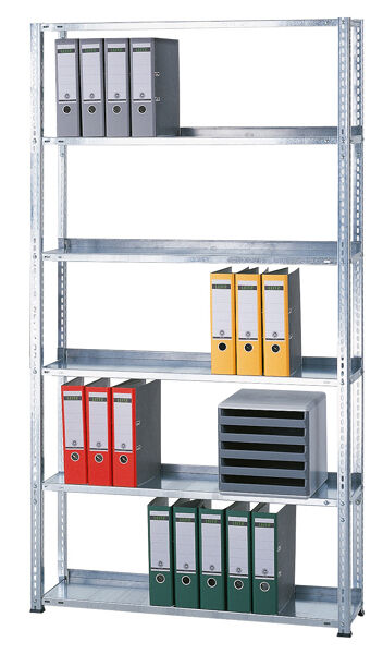 Grundregal, Büro-Fachbodenregal Schraubsystem MULTIplus85, 2000 x 1300 x 300 mm (HxBxT), 6 Fachböden, verzinkt, mit Anschlagleiste