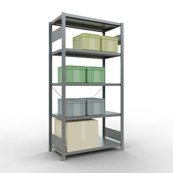 Grundregal, Fachbodenregal Stecksystem MULTIplus250, 2000 x 1000 x 500 mm (HxBxT), 5 Fachböden, Kreuzstrebe, verzinkt