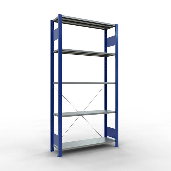 Grundregal, Fachbodenregal Stecksystem MULTIplus85, 2000 x 1000 x 300 mm (HxBxT), 5 Fachböden, Kreuzstrebe, RAL 5010 enzianblau