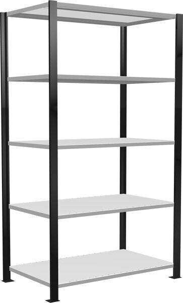 Grundregal, Büro-Fachbodenregal Stecksystem MULTIplus150, 1800 x 1000 x 600 mm (HxBxT), 5 Fachböden, Längenriegel, schwarz/RAL 7035 lichtgrau, mit Mittelanschlag