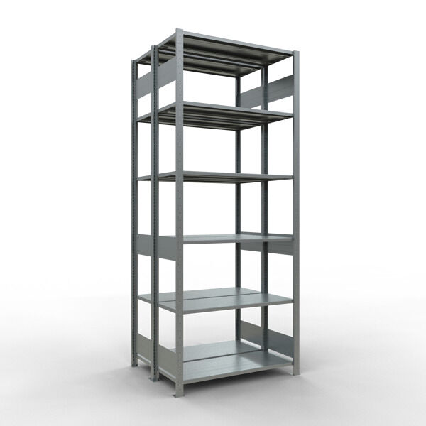 Grundregal, Doppelregal, Fachbodenregal Stecksysem MULTIplus150, 2500 x 1000 x (2x400) mm (HxBxT), 2x6 Fachböden, Längenriegel, verzinkt