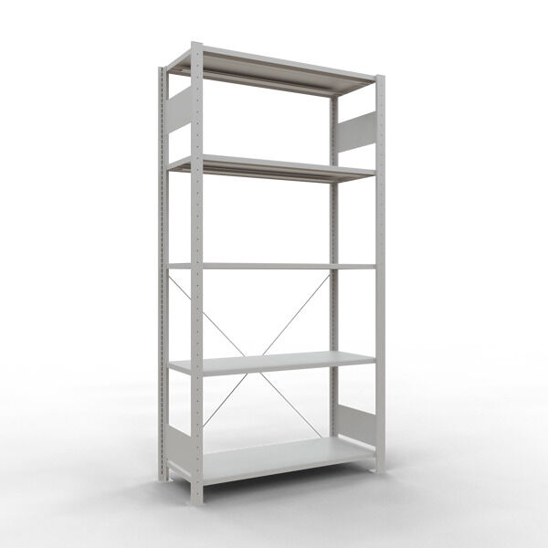 Grundregal, Fachbodenregal Stecksystem MULTIplus150, 2000 x 1000 x 400 mm (HxBxT), 5 Fachböden, Kreuzstrebe, RAL 7035 lichtgrau