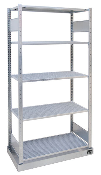 Grundregal, Kleingebinderegal, 2000 x 1000 x 500 mm (HxBxT), verzinkt, mit Auffangwanne  (Volumen: 36 Liter) und 4 Gitterrostböden