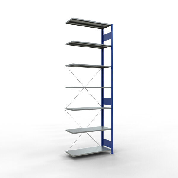 Anbauregal, Fachbodenregal Stecksystem MULTIplus85, 3000 x 1000 x 400 mm (HxBxT), 7 Fachböden, Kreuzstrebe, RAL 5010 enzianblau