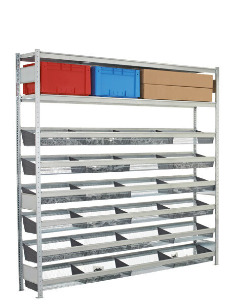 Grundregal, Weitspannregal WS 2000 mit Gitterkörben 2500 x 2000 x 400 mm (HxBxT), verzinkt, 6 Ebenen mit Gitterkörben á 210 kg Fachlast + 2 Ebenen Stahlböden á 400 kg Fachlast, Feldlast 1.600 kg