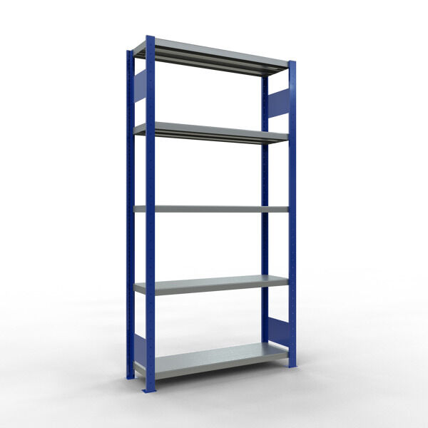 Grundregal, Fachbodenregal Stecksystem MULTIplus250, 2000 x 1000 x 300 mm (HxBxT), 5 Fachböden, Längenriegel, RAL 5010 enzianblau/verzinkt