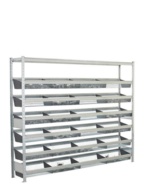 Grundregal, Weitspannregal WS 2000 mit Gitterkörben 2000 x 2000 x 400 mm (HxBxT), verzinkt, 6 Ebenen mit Gitterkörben á 210 kg Fachlast + 1 Ebene Stahlböden á 400 kg Fachlast, Feldlast 1.200 kg