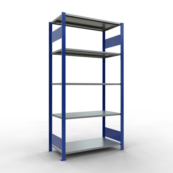 Grundregal, Fachbodenregal Stecksystem MULTIplus85, 2000 x 1000 x 500 mm (HxBxT), 5 Fachböden, Längenriegel, RAL 5010 enzianblau