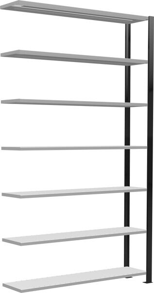 Anbauregal, Büro-Fachbodenregal Stecksystem MULTIplus85, 2300 x 1300 x 300 mm (HxBxT), 7 Fachböden, Kreuzstrebe, schwarz/RAL 7035 lichtgrau, mit Anschlagleiste
