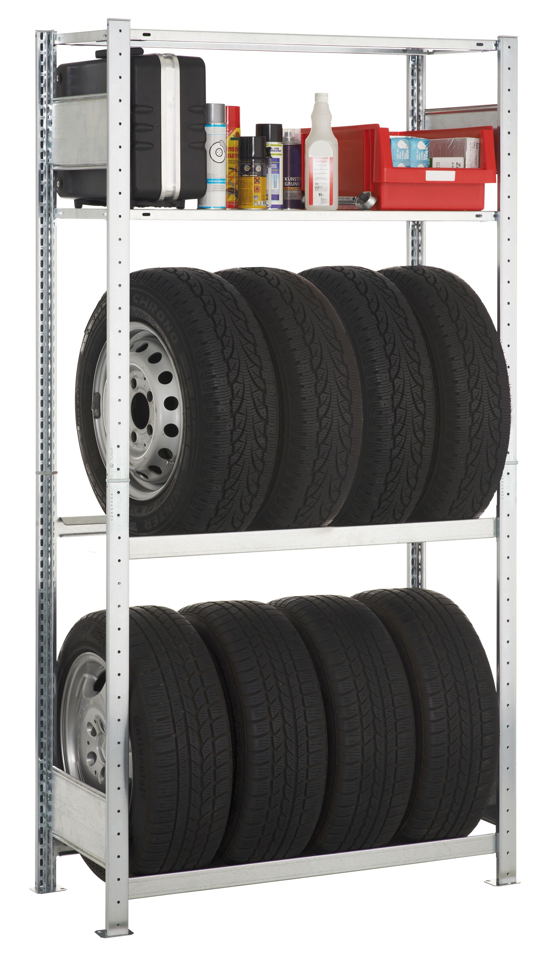 Grundregal, Garagenregal-Set MULTIplus150, 2000 x 1000 x 400 mm (HxBxT), verzinkt, 2 Fachböden, 2 Reifenebenen á 150 kg Fachlast pro Ebene