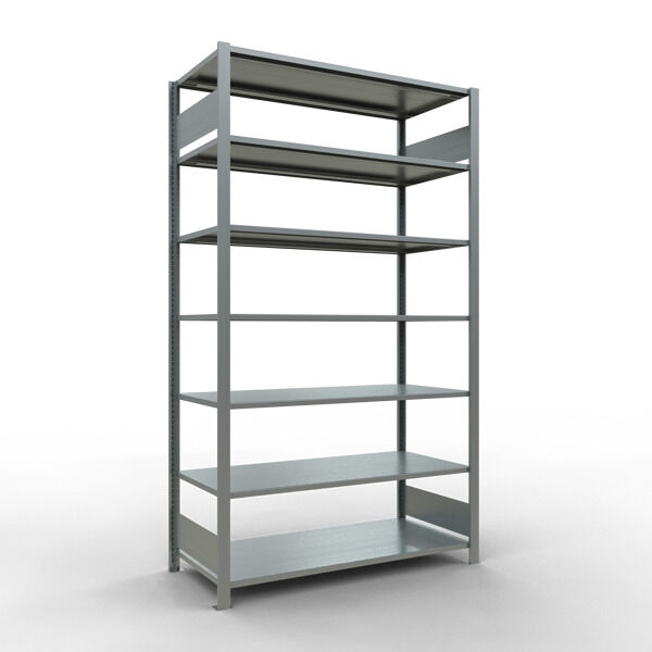 Grundregal, Büro-Fachbodenregal Stecksystem MULTIplus150, 2300 x 1300 x 600 mm (HxBxT), 7 Fachböden, Längenriegel, verzinkt, ohne Mittelanschlag