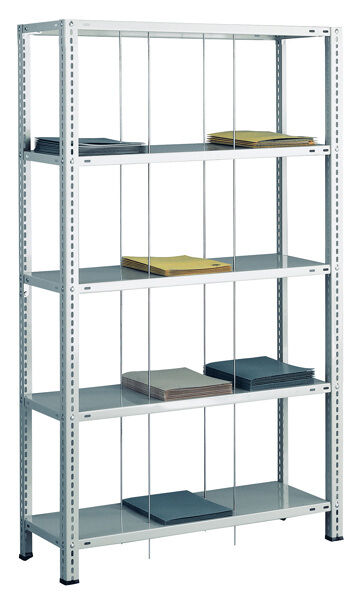 Grundregal, Schraub-Fädelstäberegal BASIC70, 1800 x 900 x 350 mm (HxBxT), 5 Fachböden, RAL 7035 lichtgrau