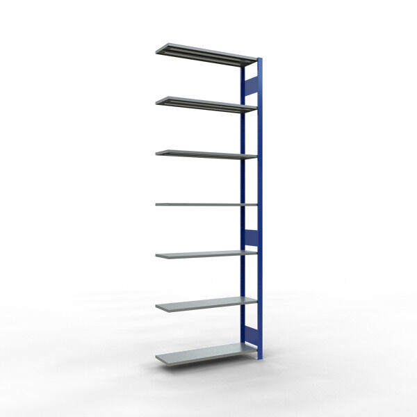 Anbauregal, Fachbodenregal Stecksystem MULTIplus85, 3000 x 1000 x 300 mm (HxBxT), 7 Fachböden, Längenriegel, RAL 5010 enzianblau