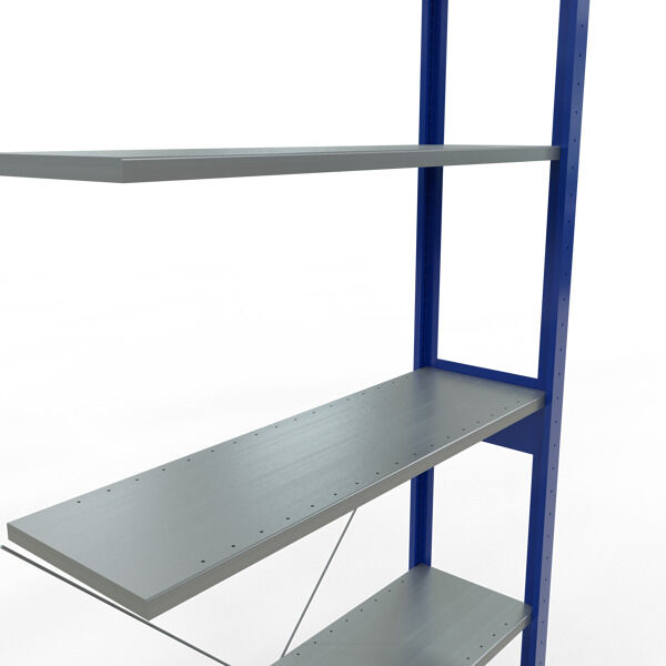Anbauregal, Fachbodenregal Stecksystem MULTIplus85, 2500 x 1000 x 300 mm (HxBxT), 6 Fachböden, Kreuzstrebe, RAL 5010 enzianblau