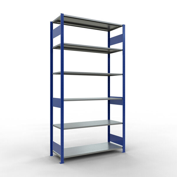 Grundregal, Fachbodenregal Stecksystem MULTIplus150, 2500 x 1300 x 500 mm (HxBxT), 6 Fachböden, Längenriegel, RAL 5010 enzianblau/verzinkt