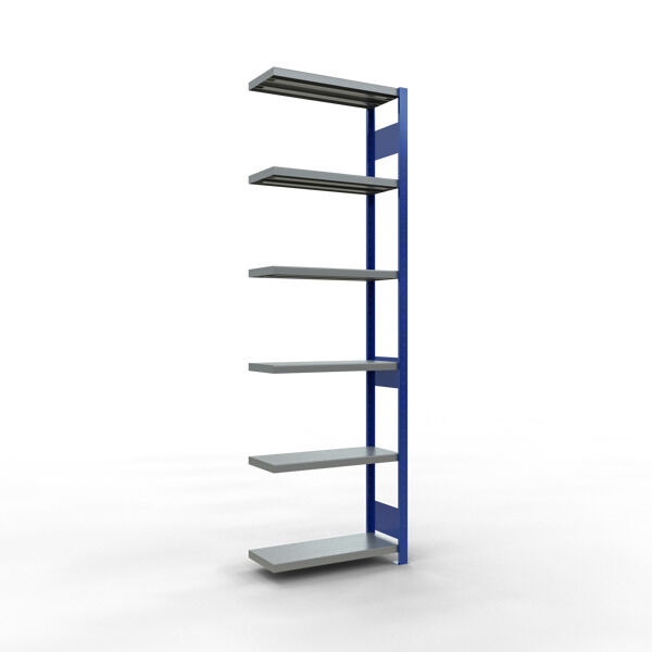 Anbauregal, Fachbodenregal Stecksystem MULTIplus250, 2500 x 750 x 300 mm (HxBxT), 6 Fachböden, Längenriegel, RAL 5010 enzianblau/verzinkt/verzinkt
