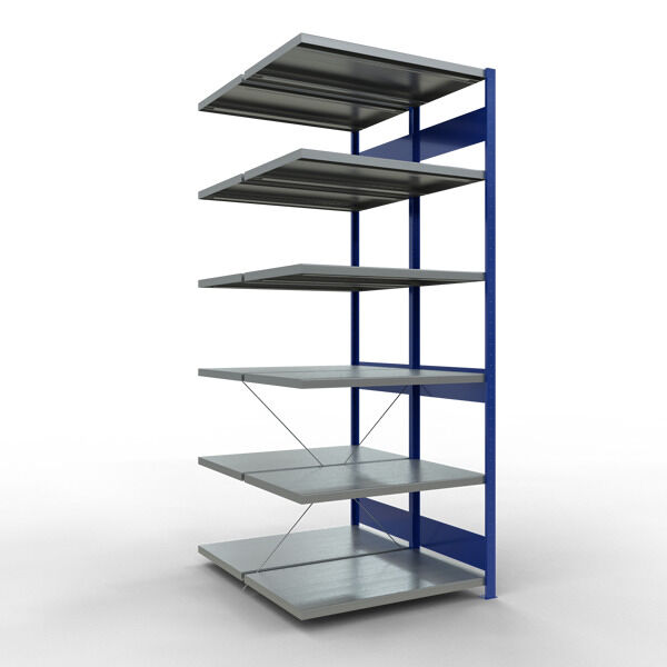 Anbauregal, Doppelregal, Fachbodenregal Stecksysem MULTIplus250, 2500 x 1000 x (2x600) mm (HxBxT), 2x6 Fachböden, Kreuzstrebe, RAL 5010 enzianblau/verzinkt
