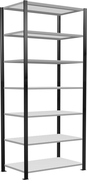 Grundregal, Büro-Fachbodenregal Stecksystem MULTIplus150, 2300 x 1000 x 600 mm (HxBxT), 7 Fachböden, Längenriegel, schwarz/RAL 7035 lichtgrau, mit Mittelanschlag
