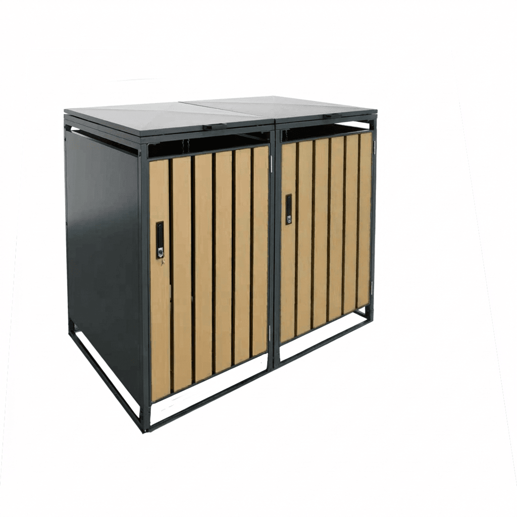 2er Set Premium Mülltonnenbox, anthrazit, Tür: Holzoptik-hell, mit Schloss & Gasdruckfedern, 1190 x 680 x 800 mm (HxBxT), inkl. Bodenanker, modular erweiterbar