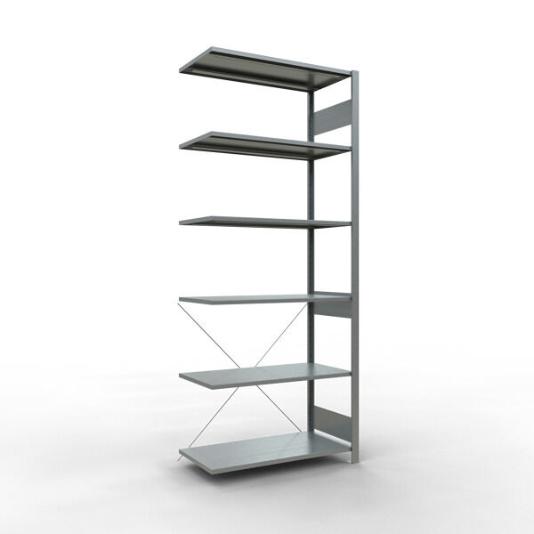Anbauregal, Fachbodenregal Stecksystem MULTIplus85, 2500 x 1000 x 500 mm (HxBxT), 6 Fachböden, Kreuzstrebe, verzinkt