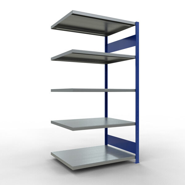 Anbauregal, Fachbodenregal Stecksystem MULTIplus250, 2000 x 1000 x 800 mm (HxBxT), 5 Fachböden, Längenriegel, RAL 5010 enzianblau/verzinkt