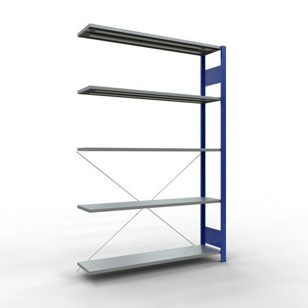 Anbauregal, Fachbodenregal Stecksystem MULTIplus150, 2000 x 1300 x 300 mm (HxBxT), 5 Fachböden, Kreuzstrebe, RAL 5010 enzianblau/verzinkt
