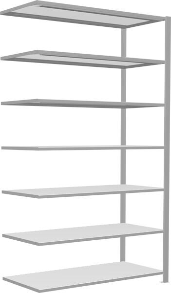 Anbauregal, Büro-Fachbodenregal Stecksystem MULTIplus150, 2300 x 1300 x 600 mm (HxBxT), 7 Fachböden, Längenriegel, RAL 7035 lichtgrau, mit Mittelanschlag