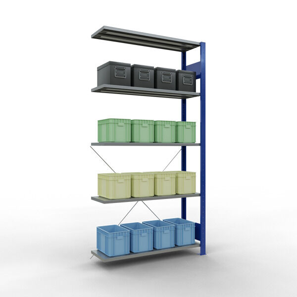 Anbauregal, Fachbodenregal Stecksystem MULTIplus85, 2000 x 1000 x 300 mm (HxBxT), 5 Fachböden, Kreuzstrebe, RAL 5010 enzianblau