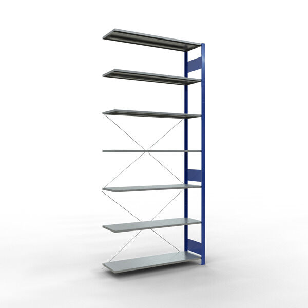 Anbauregal, Fachbodenregal Stecksystem MULTIplus150, 3000 x 1300 x 400 mm (HxBxT), 7 Fachböden, Kreuzstrebe, RAL 5010 enzianblau/verzinkt