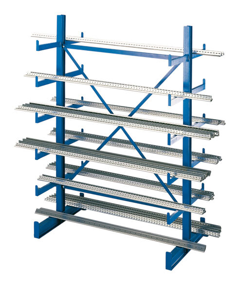 Grundregal, K 1000 Kragarmregal-Set, doppelseitig, 2000 x 1250 x 2x500, RAL 5010 enzianblau, Tragkraft je anm: 200 kg, Tragkraft gesamt einschließlich Fußebene: 2.400 kg