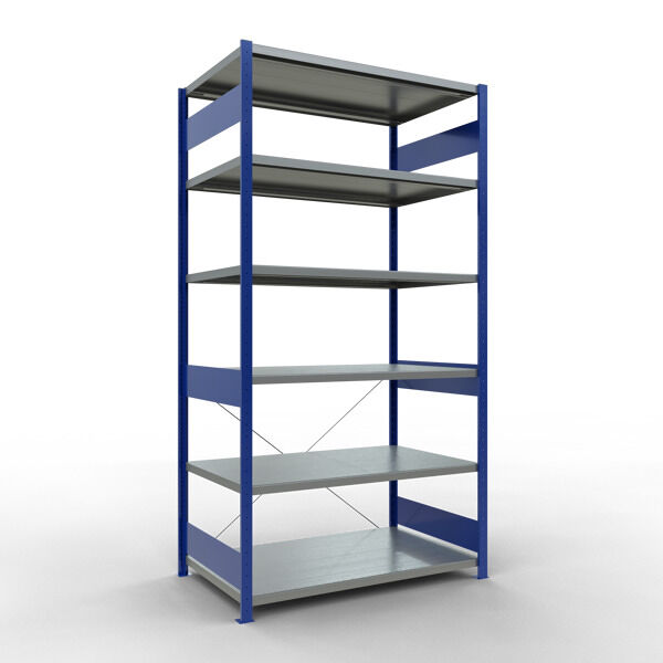 Grundregal, Fachbodenregal Stecksystem MULTIplus250, 2500 x 1300 x 800 mm (HxBxT), 6 Fachböden, Kreuzstrebe, RAL 5010 enzianblau/verzinkt