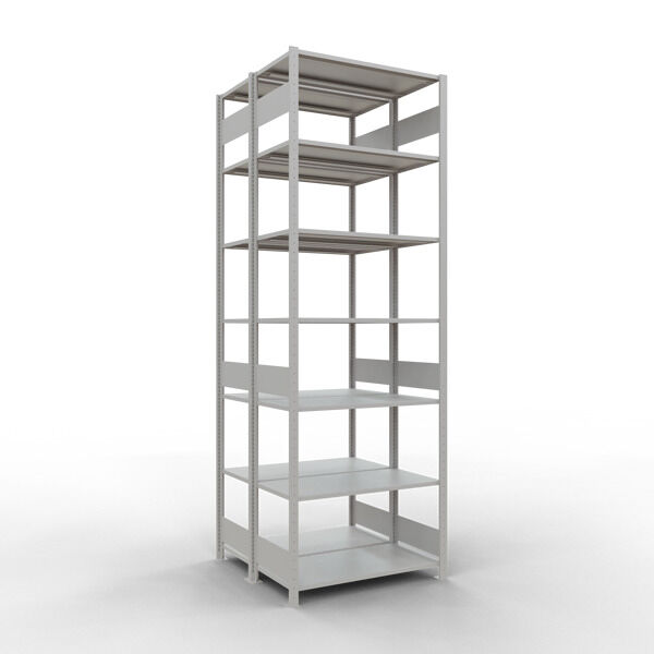 Grundregal, Doppelregal, Fachbodenregal Stecksysem MULTIplus150, 3000 x 1000 x (2x500) mm (HxBxT), 2x7 Fachböden, Längenriegel, RAL 7035 lichtgrau