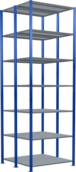 Grundregal, Doppelregal, Fachbodenregal Stecksysem MULTIplus150, 3000 x 1000 x (2x500) mm (HxBxT), 2x7 Fachböden, Längenriegel, RAL 5010 enzianblau/verzinkt