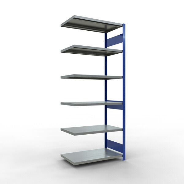 Anbauregal, Fachbodenregal Stecksystem MULTIplus250, 2500 x 1000 x 600 mm (HxBxT), 6 Fachböden, Längenriegel, RAL 5010 enzianblau/verzinkt