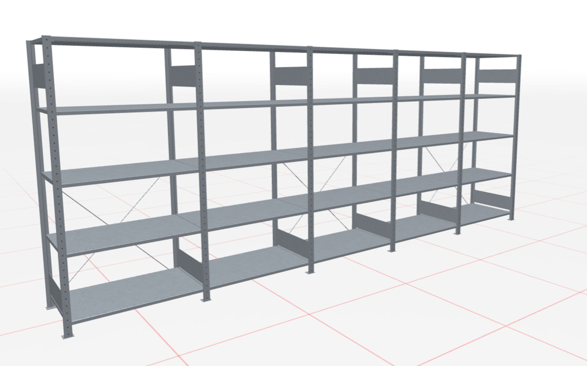 5 m-Set Fachbodenregal Stecksystem MULTIplus150, 2000 x 5000 x 600 mm HxBxT, 25 Fachböden, verzinkt