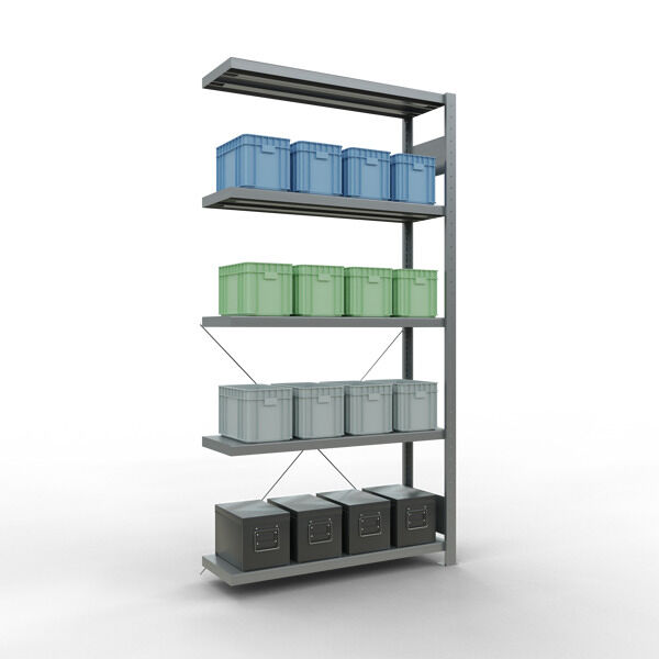Anbauregal, Fachbodenregal Stecksystem MULTIplus250, 2000 x 1000 x 300 mm (HxBxT), 5 Fachböden, Kreuzstrebe, verzinkt