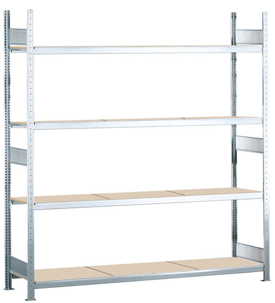 Grundregal, Weitspannregal WS 2000 mit Spanplatten, 2500 x 2250 x 800 mm (HxBxT), verzinkt, 4 Ebenen, Fachlast 400 kg, Feldlast 1.600 kg