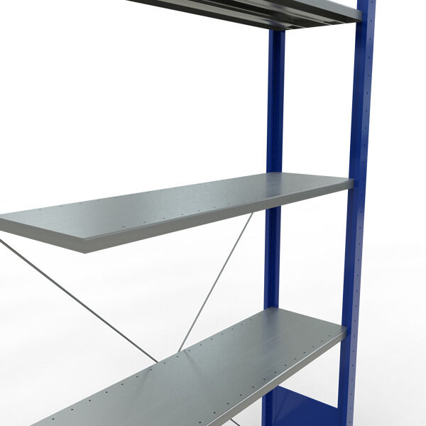 Anbauregal, Fachbodenregal Stecksystem MULTIplus85, 2000 x 1000 x 300 mm (HxBxT), 5 Fachböden, Kreuzstrebe, RAL 5010 enzianblau